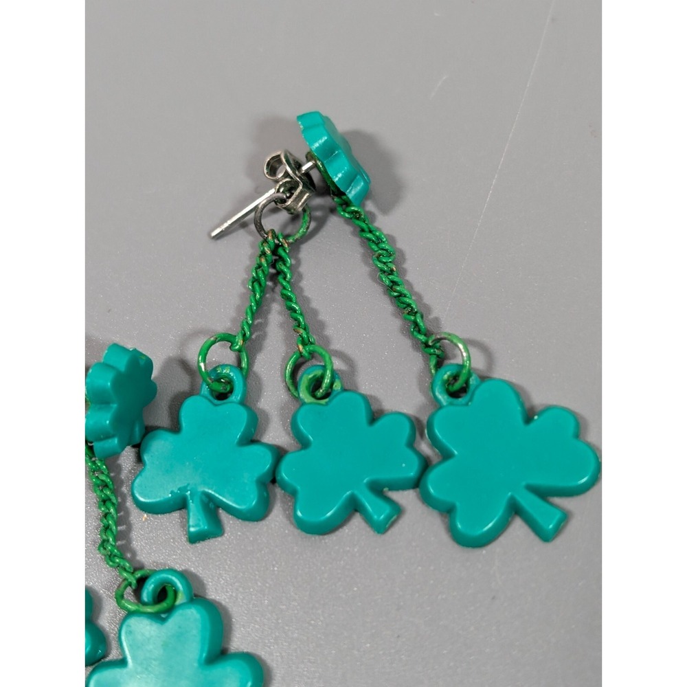 Vintage Hallmark Green Clover Front‎ Back Dangle Earrings Luck St Patricks Day - Picture 4 of 11